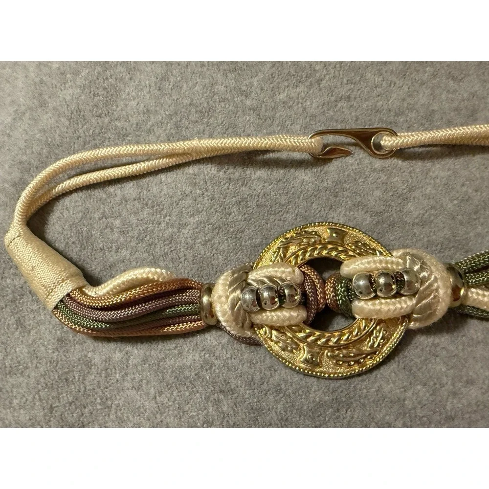 Vtg 80s Fashion Multi Colored Gold Disk Corded Beaded Stretch Belt M/L Statement